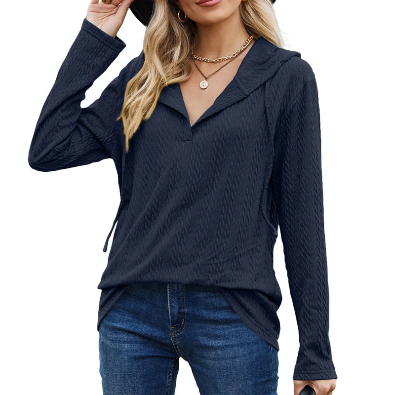 2023 Spring Autumn Solid Color Hooded Drawstring Long Sleeve Sweatshirts Women Casual Loose Jacquard Weave All-match Pullovers
