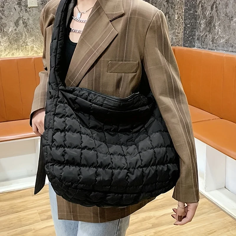 Women Padded Large Capacity Crossbody Bag Checkered Puffer Quilted Shoulder Bag Hobo Bag for Work Commuting Daily Leisure Use