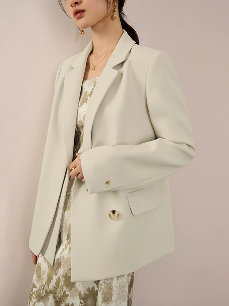 ZIQIAO Beige Grey Temperament Women Notched Collar Suits Double-fly Office Lady Single-breasted Blazer Polyester Women Coat