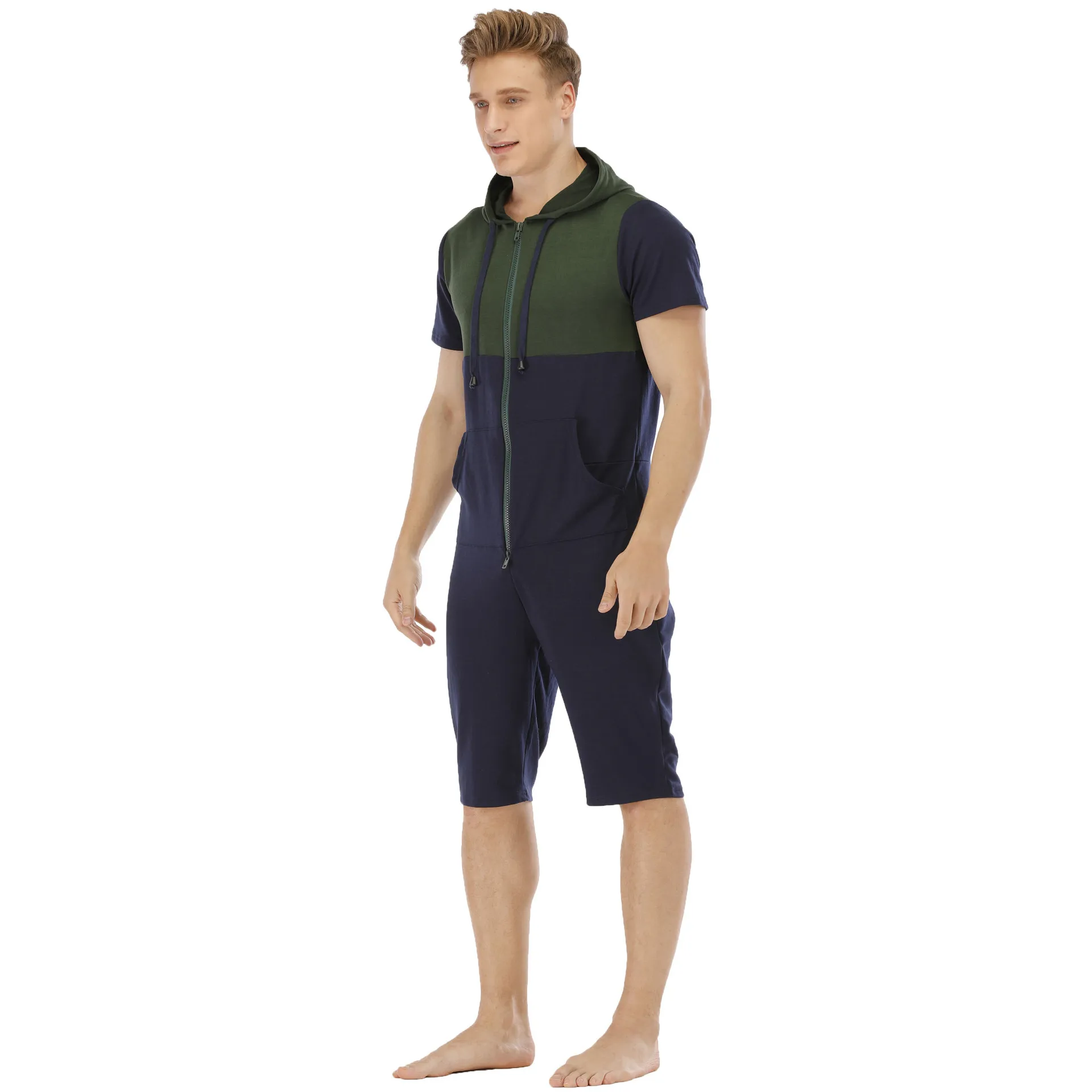 New Men Onesie Patchwork Print Pajamas Sleepwear Summer Short Sleeve Costumes Hoodie Jumpsuits