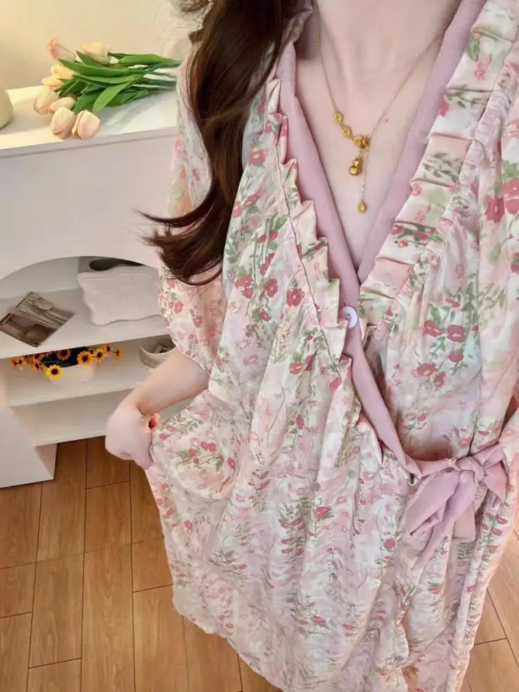 2026 New Women's Sleep Robe Summer Short Sleeve Monet Garden Mid-Length Pure Desire Style Sleep Dress Home Clothes - 2