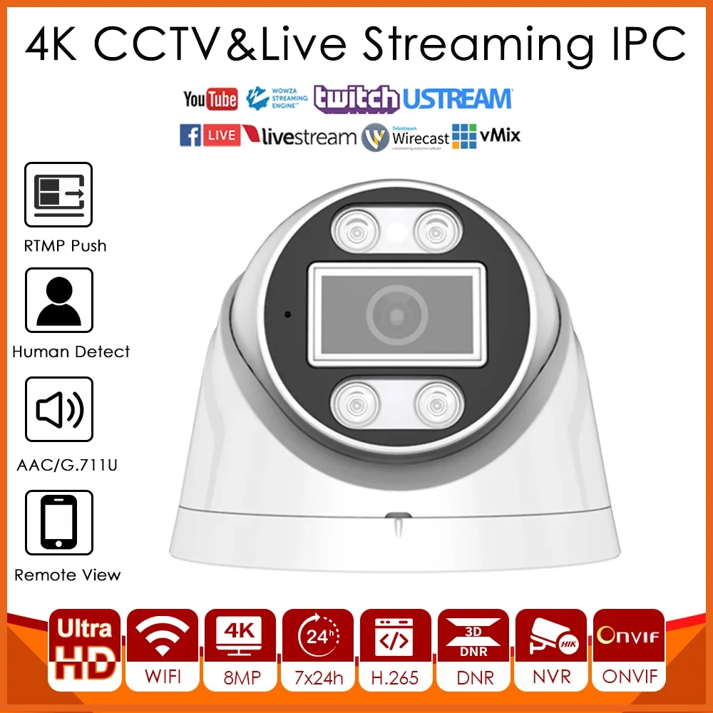 4K 8MP SONY IMX415 WiFi Wireless IP Camera IR Dual Light Live Streaming Push Video To YouTube Facebook Vimeo Onvif Built-in MIC