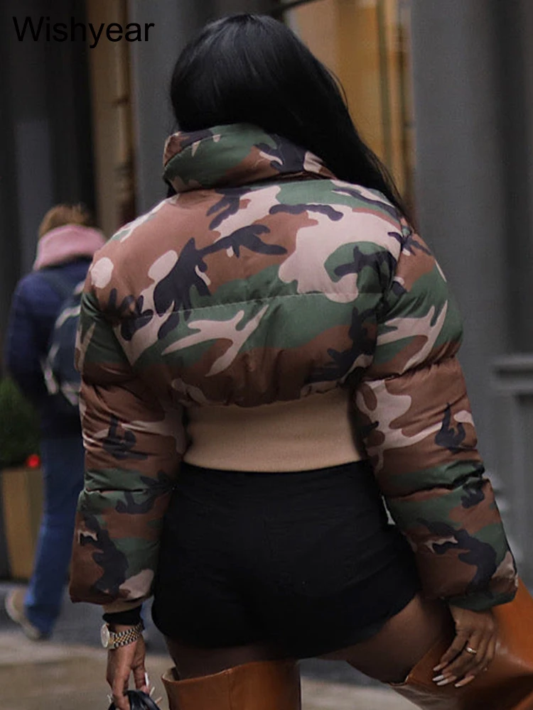 Vintage Women Camouflage Zipper Puffer Jacket Long Sleeve Stand Collar Winter Camo Bubble Cotton Coats Boyfriend Crop Parkas down jacket