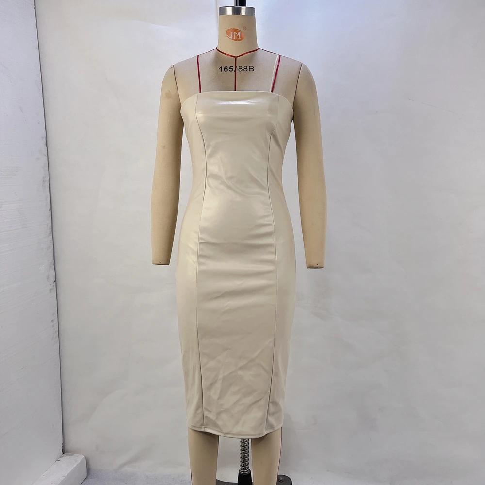 Autumn And Winter Fashion Solid Color PU Leather Sexy Strapless Waist Cinching Package Hip Dress For Women 6
