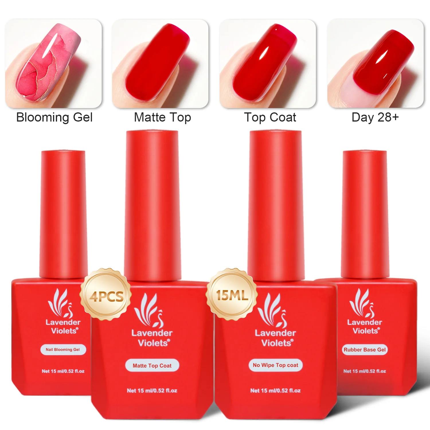 4pcs 15ml Blooming Gel & Matte Top Coat & Glossy Top Coat & Rubber Base Gel Soak Off Gel Nail Polish for Salon Nail Art Design