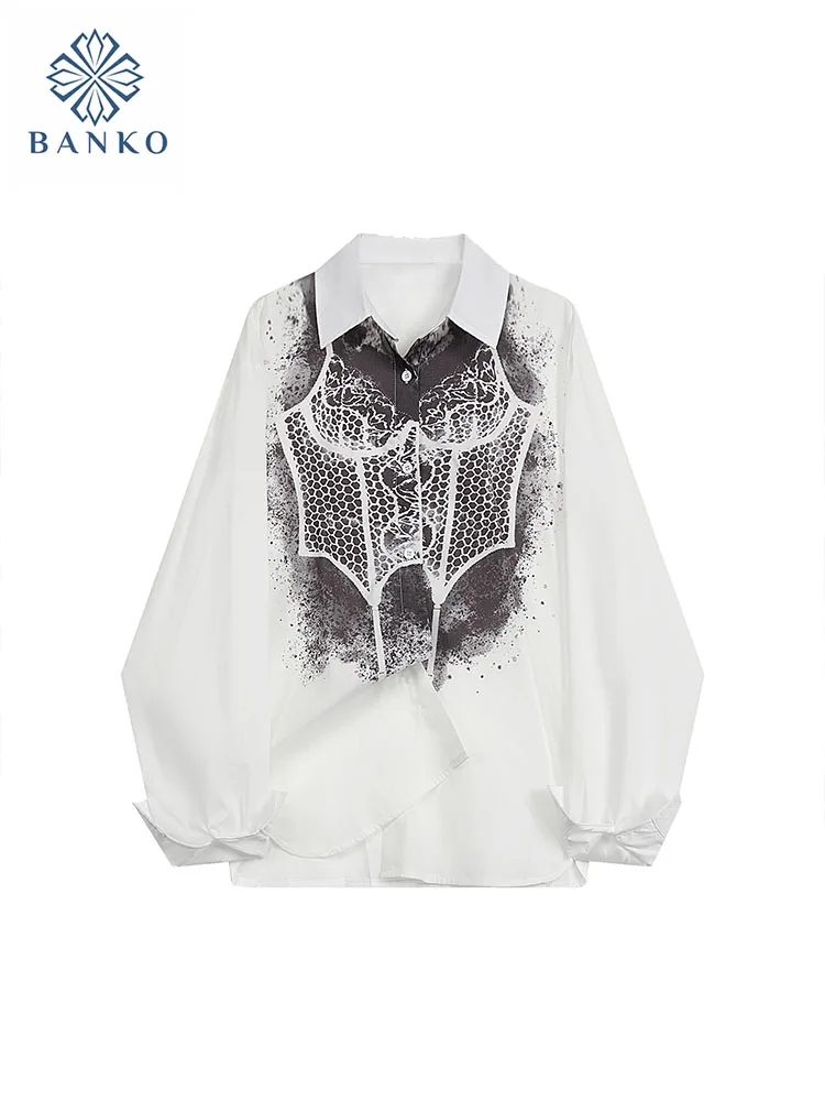 

New Design Polo Neck Blouses Women Korean Office Lady Exquisite White Shirts Streetwear Hand Painted Top Classical Preppy Style