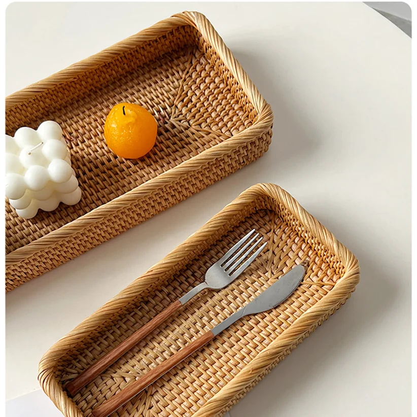 Handmade rattan desktop square coffee bread tray Nordic style light luxury storage basket for cosmetics and sundries 3