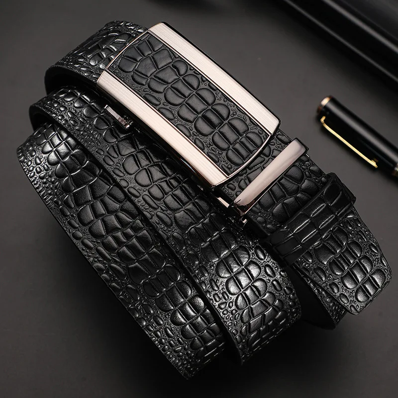 Crocodile Pattern Cowhide Belt Automatic Buckle Business Casual Men's Jeans Belt Genuine Leather Black Coffee Stone Waist Seal
