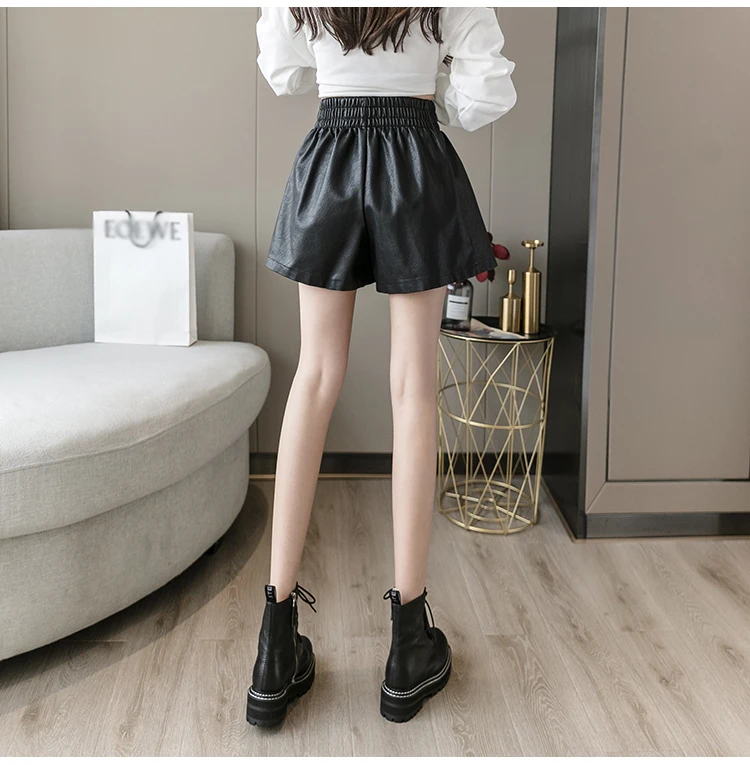 african dresses Black Elastic High Waist PU Shorts Women Loose Faux Leather Streetwear Sexy Wide Leg Shorts Female Pantalones Cortos de Mujer running shorts