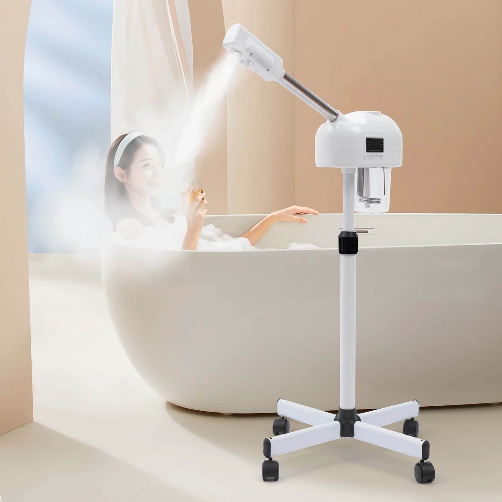 Professional Ozone White Facial Steamer with LCD Display - 750W Hot Mist Spa Machine for Deep Cleansing, Adjustable Height