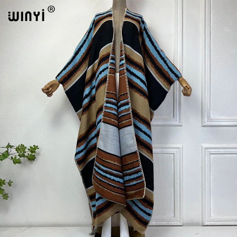

Новый зимний Кардиган WINYI в африканскую полоску, женское кимоно, женское платье, плотная теплая Женская абайя, зимние наряды для женщин, пальто