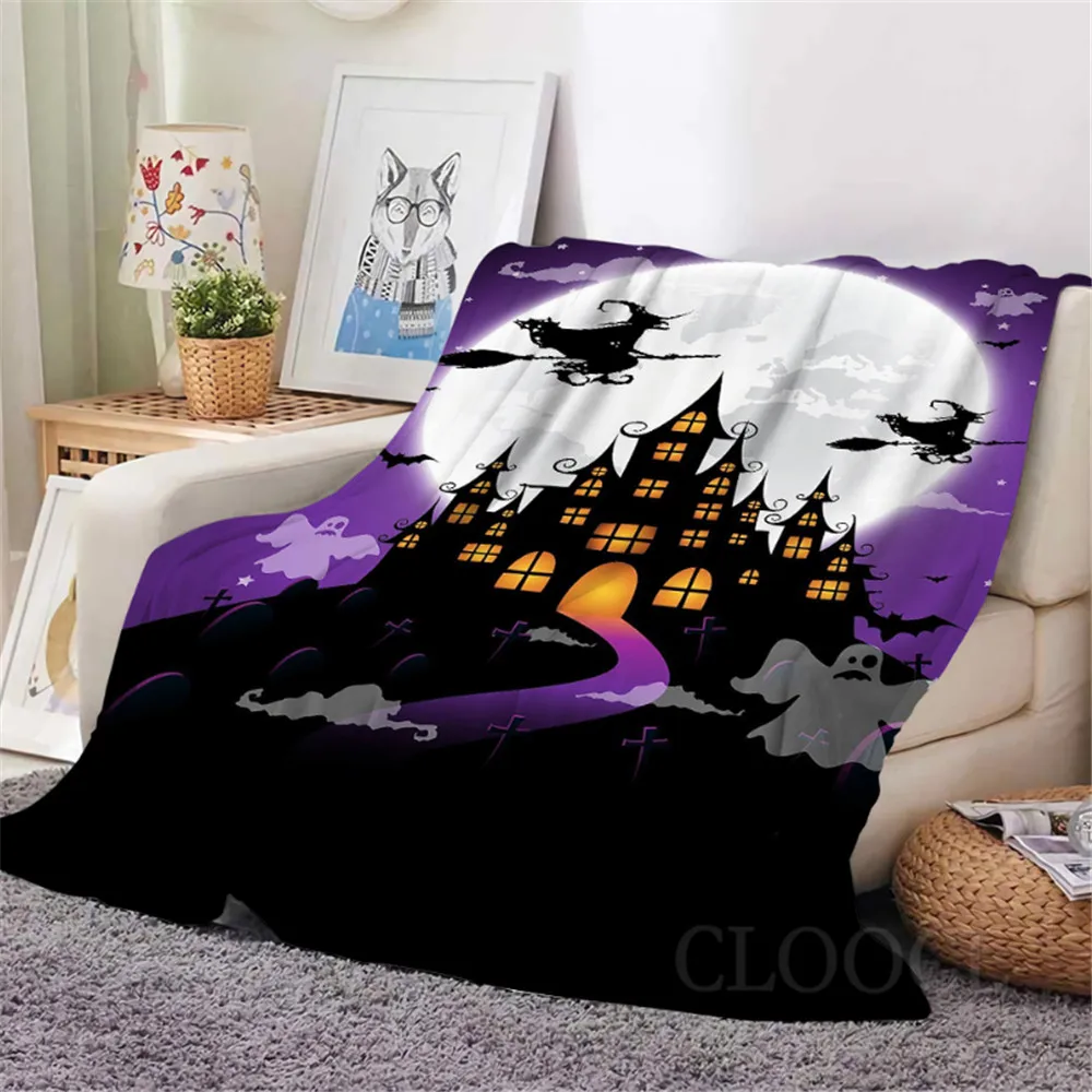 

CLOOCL Halloween Flannel Blankets Purple Moon Night Castle Witch Ghost 3D Printed Throw Quilt Office Nap Blanket Festival Gifts