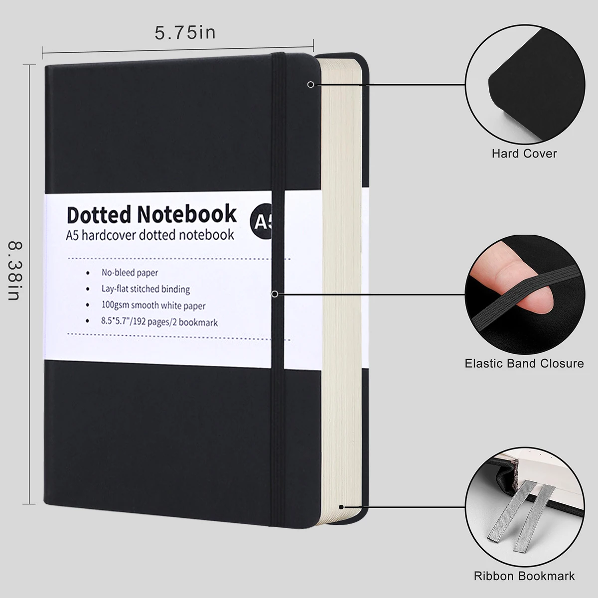 A5 Notebook 192 Pages Classic Journal Dotted Paper Hard Cover Business Creative Elastic Band Notepad Diary Student Stationery - 4