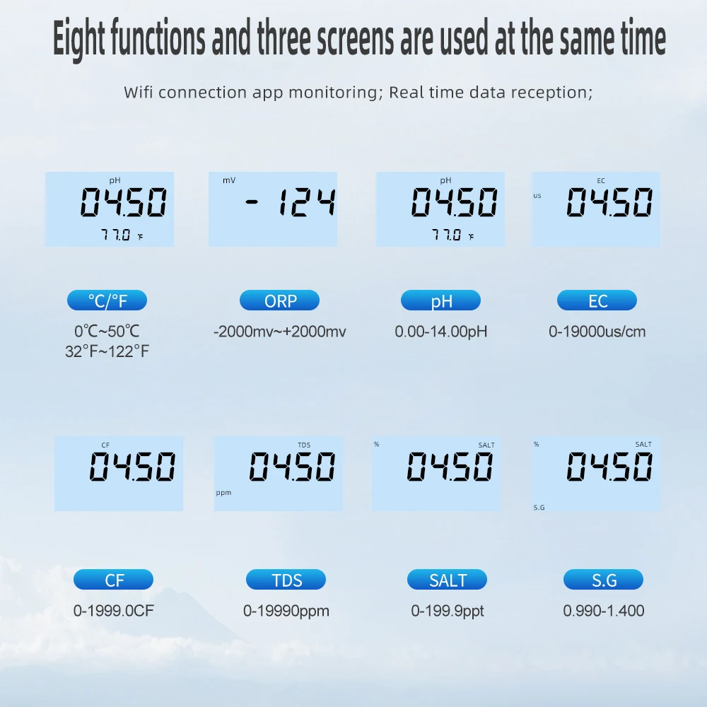 8 in1 Wifi Water Quality Tester Digital Display PH ORP EC CF TDS SALT S.G Temperature Sensors Meter Multifunction Smart Monitor 2
