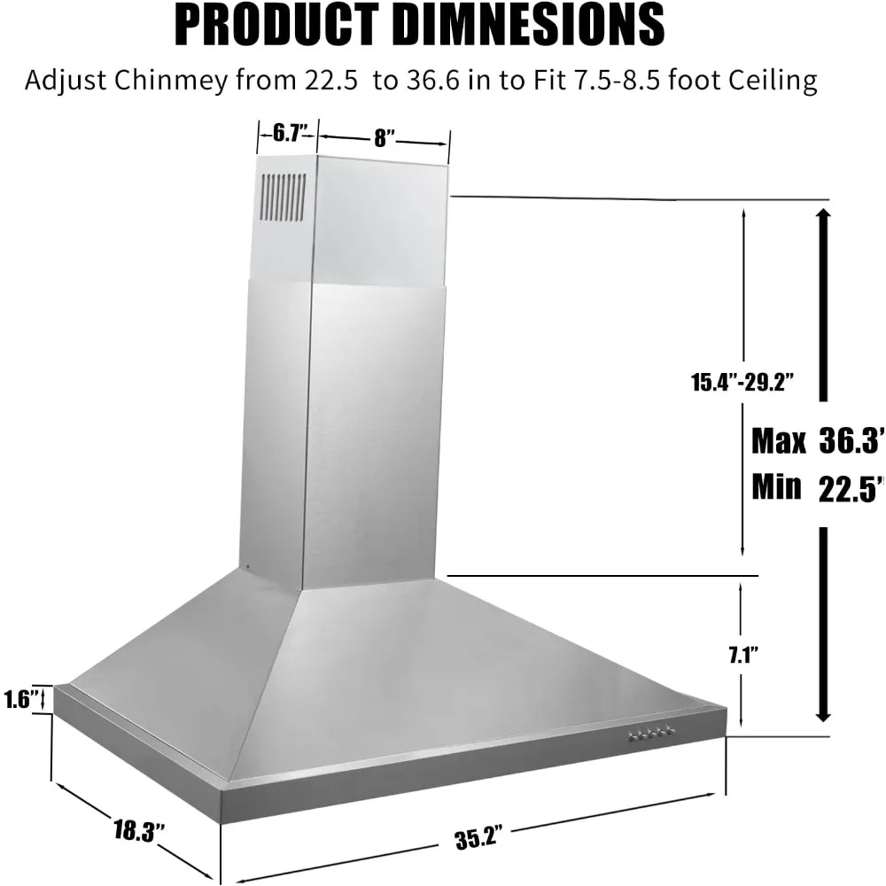 36 inch Range Hood, Wall Mounted Vent Hood in Stainless Steel, Ducted/Ductless Kitchen Hood w/Push Button Control