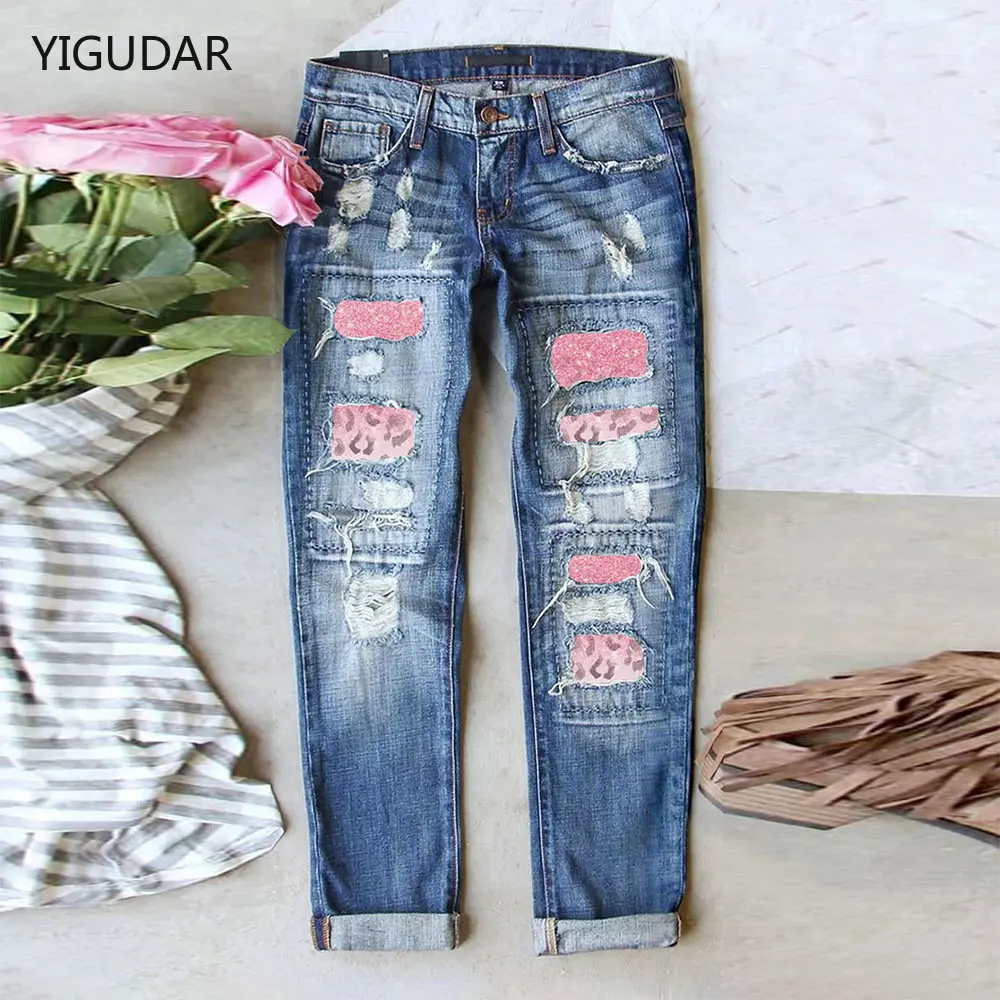 Boyfriend Jeans For Women Cargo Wide Leg Pants Women Fashion Ripped Hole Plaid Patch Patchwork Long Jeans Denim Pants Trousers