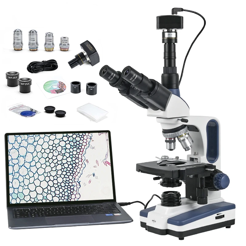 SWIFT SW350T 40X-2500X 삼안 현미경, RT20U-5.1M 카메라, 10X 25X 접안렌즈, 기계식 스테이지, 아베 콘덴서 포함