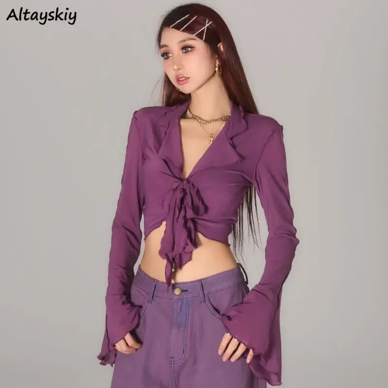 

Женская блузка с оборками, летняя Солнцезащитная однотонная приталенная блузка с расклешенными рукавами, со шнуровкой, в стиле Ins, Ulzzang