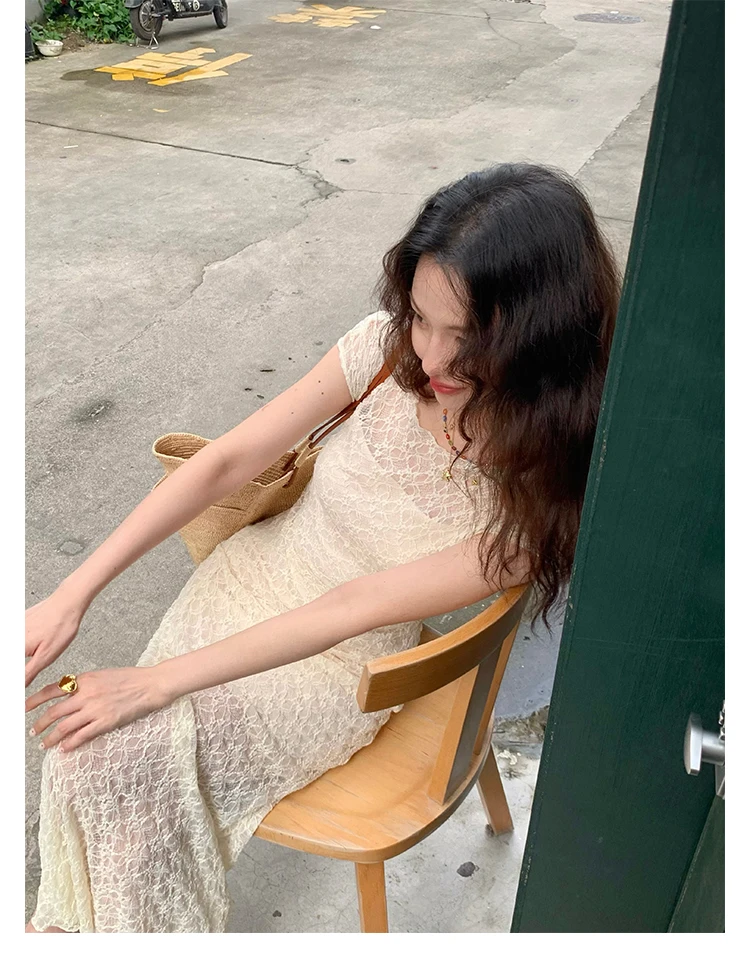 Elegant Mesh Two Piece Dress Set Slim Midi Dresses for Women Frence Retro Lace Y2K Bodycon Birthday Party Dress Prom Vestidos