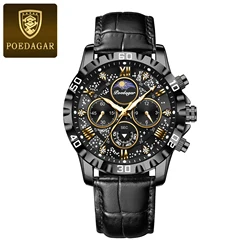 Luxury Men's Waterproof Chronograph Watch with Luminous Display and Leather Strap (Black Black)