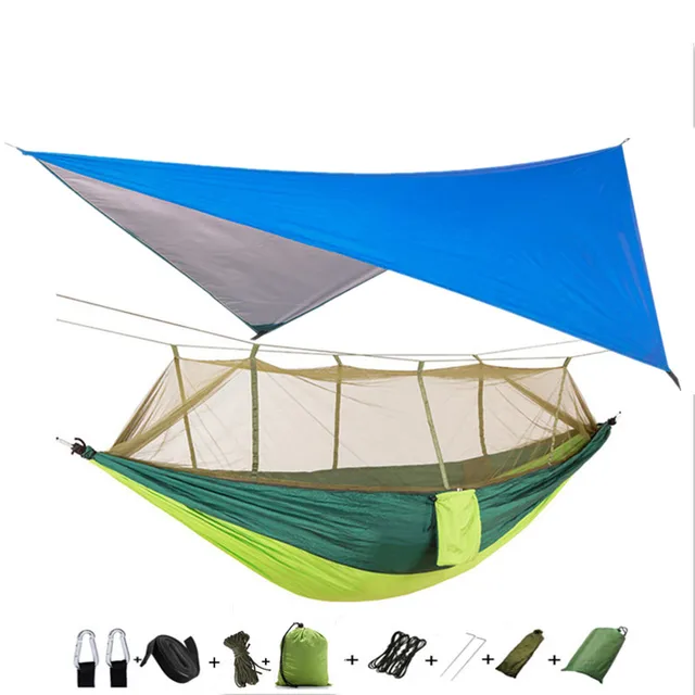 Lightweight Portable Camping Hammock and Tent Awning Rain Fly Tarp Waterproof Mosquito Net Hammock Canopy 210T Nylon Hammocks Blue and lightgreen