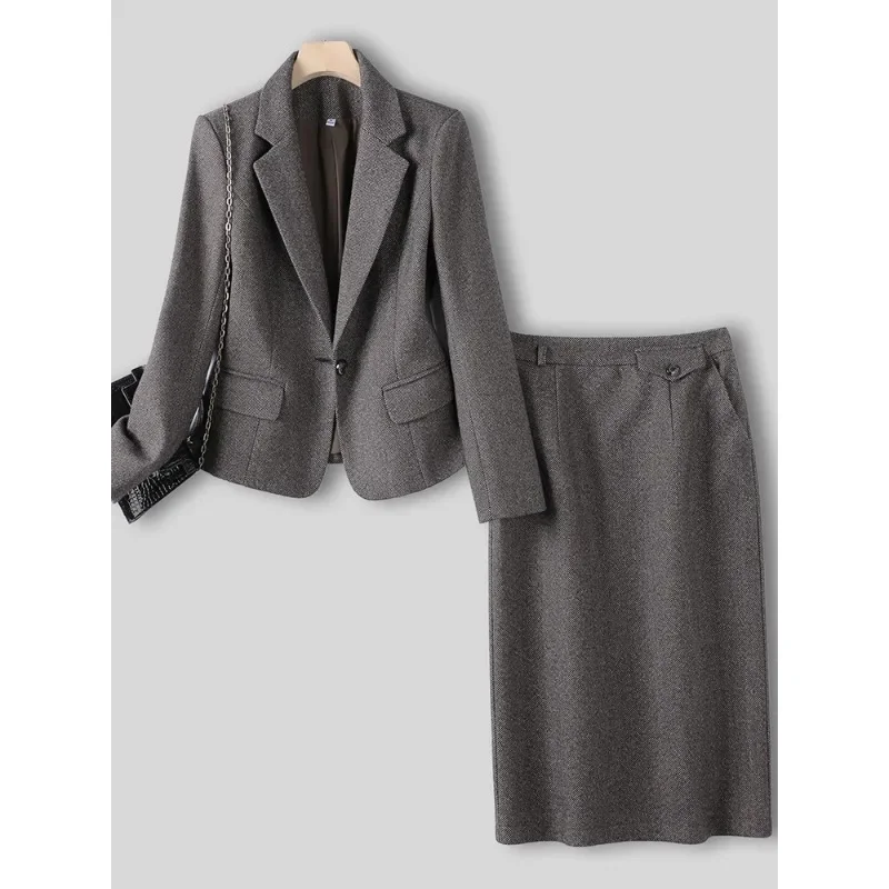 

High Quality Women Formal Jacket Skirt Suit Ladies Gray Pink Coffee Long Sleeve Female Two Piece Set Blazer For Autumn Winter