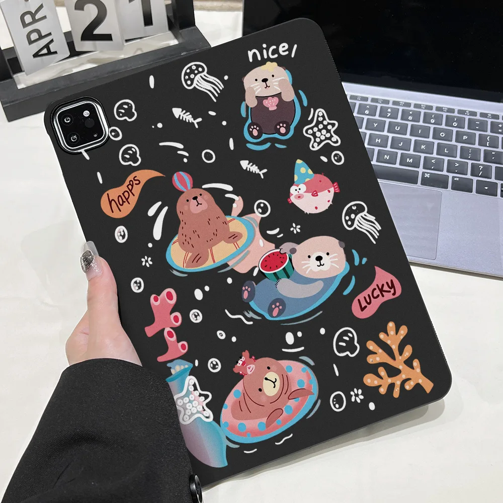 Matte Black Tablet Case with Playful Peeking Cats Design