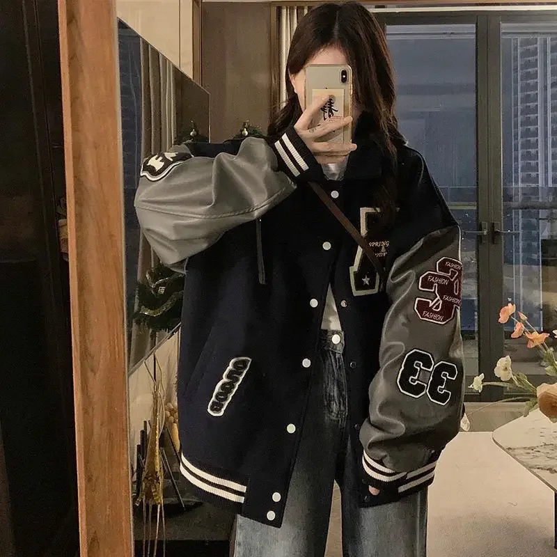 스티치 스탠드업 칼라 야구 유니폼, Y2K 레트로 루즈한 용수철, 가을 하이엔드 자수 야구 유니폼, 2024 새로운 스타일