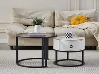 SHARPDO Tables Basses gigognes, Pierre Sinterisée & Verre trempé, Tiroir Simili Cuir Blanc, Lot de 2, Ø 60/45 cm, Design Moderne pour Salon, Ronde 1