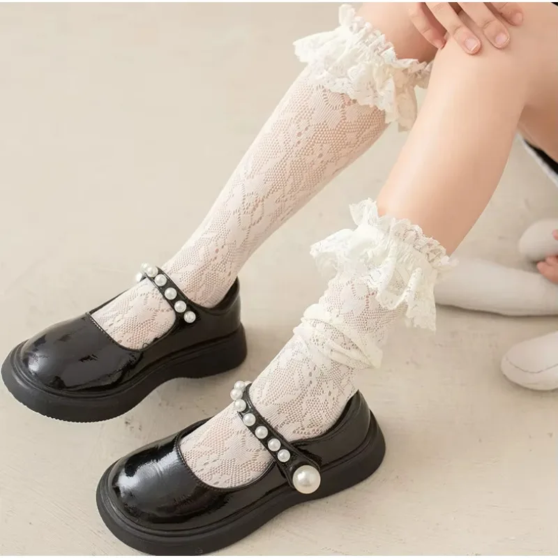 Spring Summer New Children's Lace Thin Hollow Mesh Black and White Solid Color Medium Tube Stacking Socks Wholesale