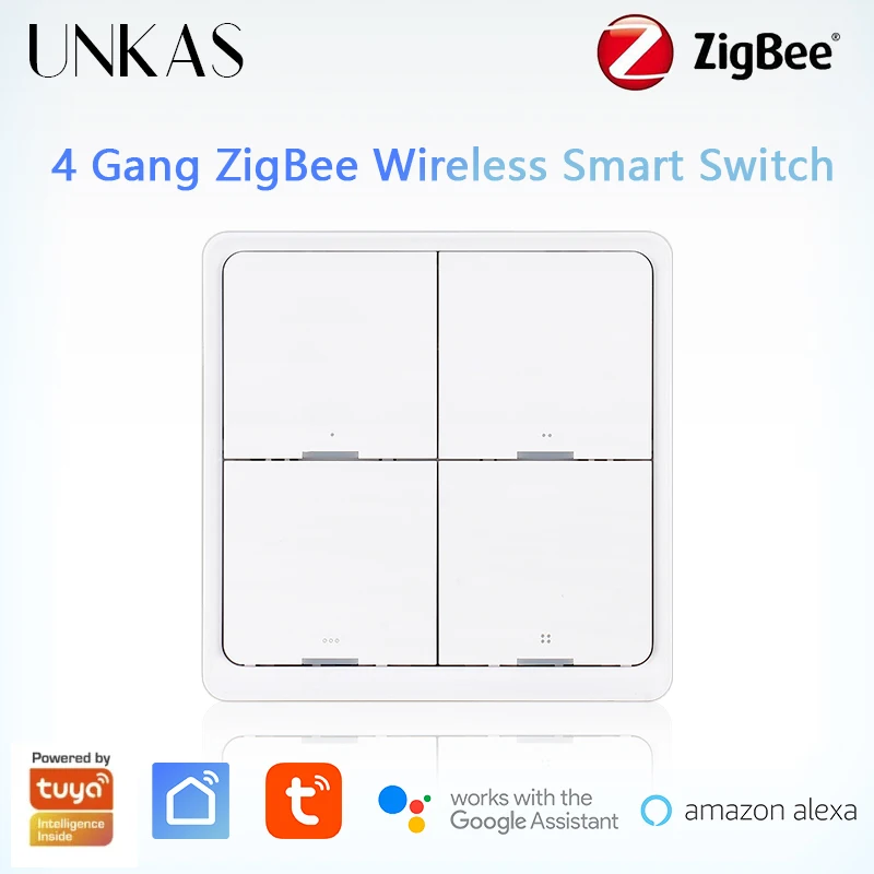 

UNKAS 4 Gang Tuya ZigBee Wireless 12 Scene Switch Push Button Controller Battery Powered Automation Scenario