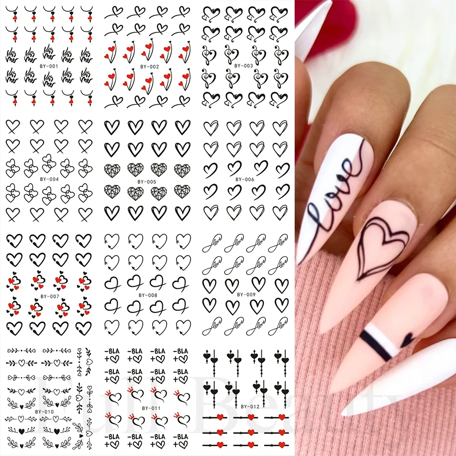 12pcs Water Sticker Nail Art Heart Love Letters Cats Flowers Decals Transfer Sliders Tattoo Valentine Decorations Manicure TRBY 3