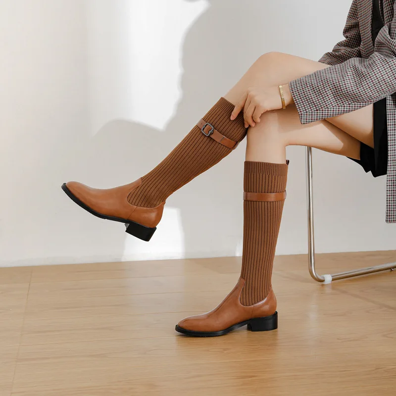 

Graceful British Style Knitted Woman Knee High Boots Square Heel Round Toe Female Slip On Black Brown Boots