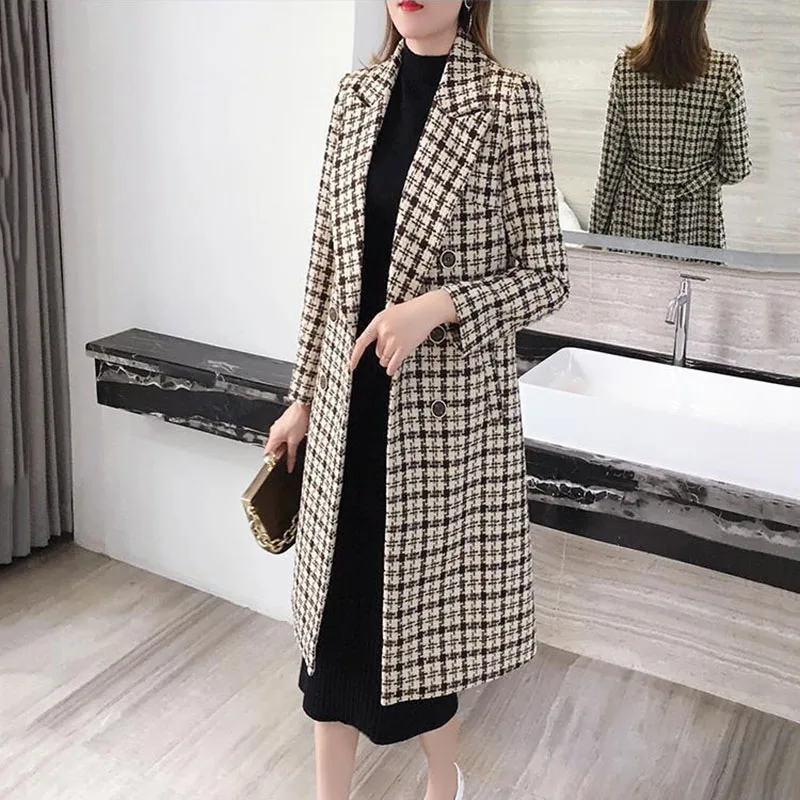 

Houndstooth Windbreakers Women Overcoat 2022 Autumn Winter Woolen Coat Female Outwear Korean Fashion Slim Long Woolen Jacket