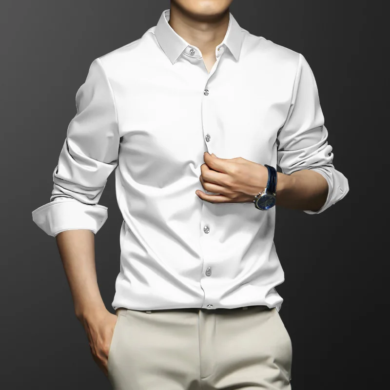 Men's Long Sleeve Shirt Wrinkle-resistant Non-iron Solid Color Business Casual Ice Silk Poplin Shirts 6XL