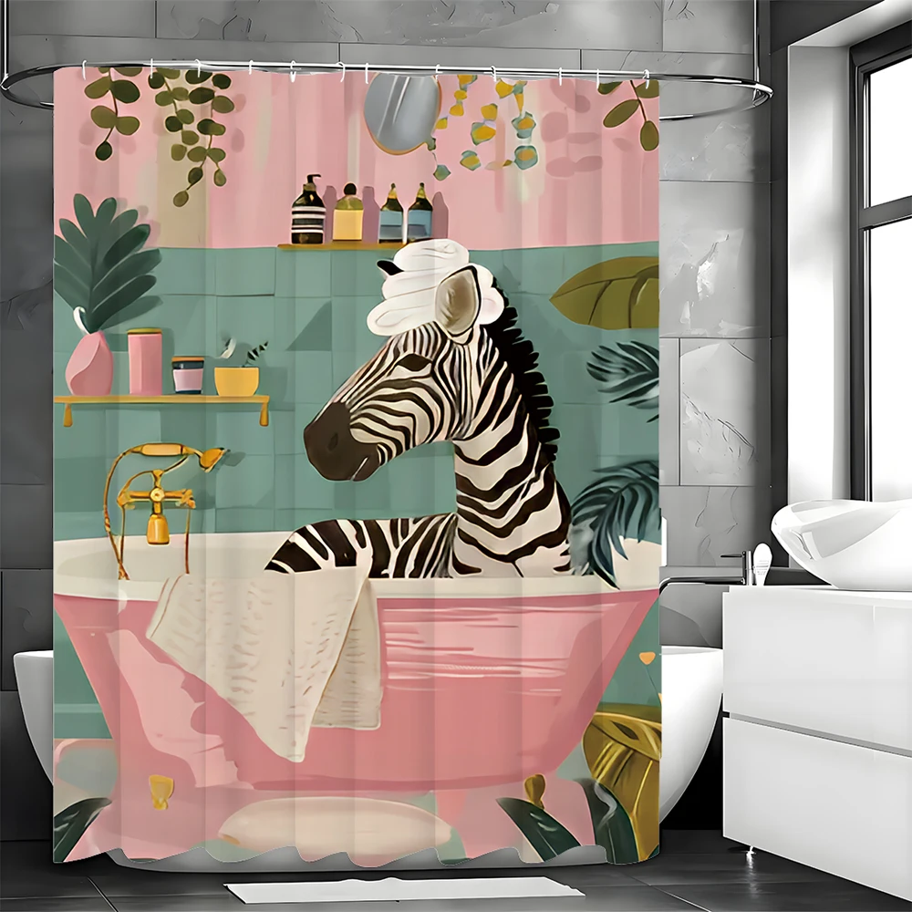 Bathroom Zebra Shower Curtain Floral Plants Pink Walls and Bathtub Green Tile Bathroom Decorative Shower Curtain Waterproof S,shower curtains