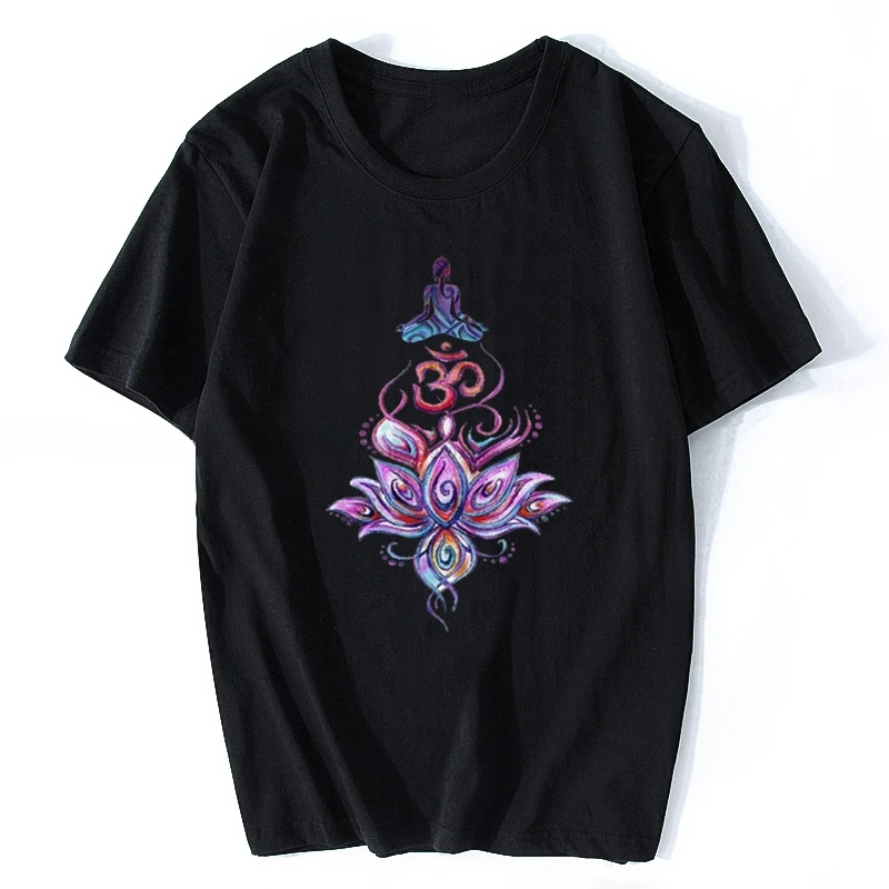 

Illustrated Buddha Meditation Yoga Lotus Om Motif Print T Shirt Summer Streetwear Harajuku Femme Short-sleev Casual T-shirt