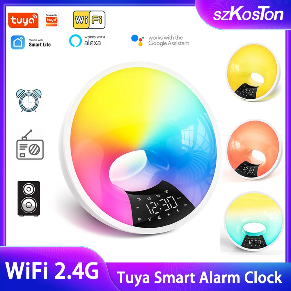 

Tuya Smart WiFi RGB Wake Up Light Digital Alarm Clock Sunrise Sunset Clock FM Radio Works with Alexa Google Home Smart Life APP