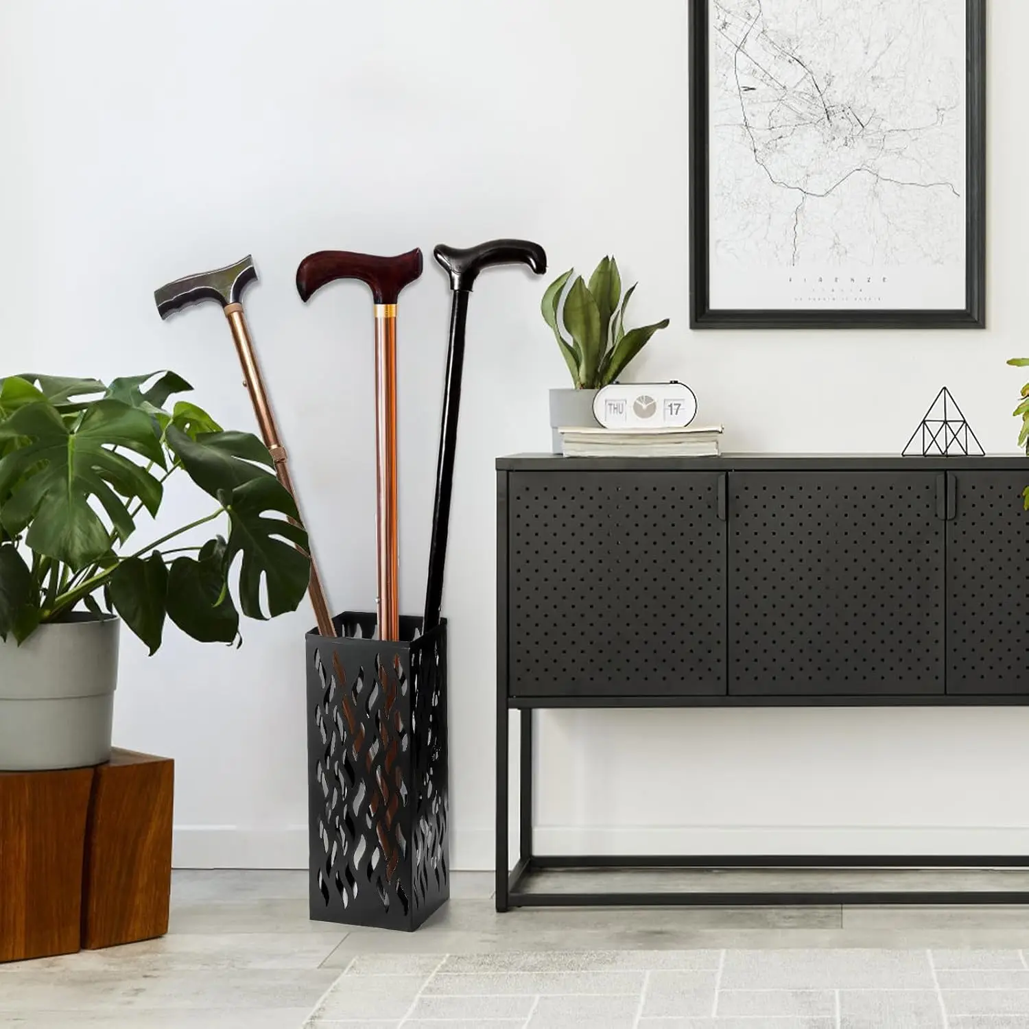 Metal Umbrella Holder, Heavy Square Canes Walking Sticks Stand Rack, Freestanding Rain Collection Umbrella Organizer