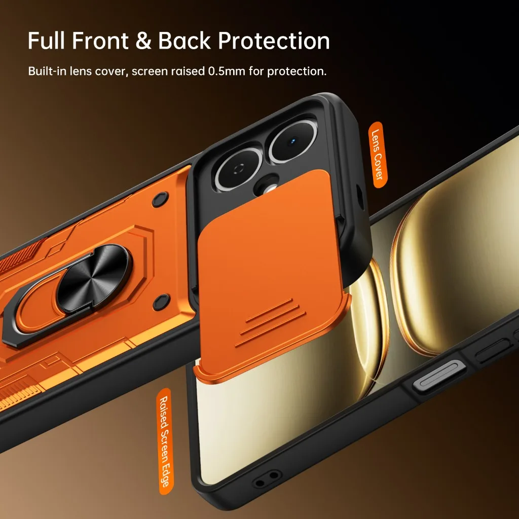 Shockproof Armor Phone Case with Slide Camera Protection and 360° Ring Holder Cover