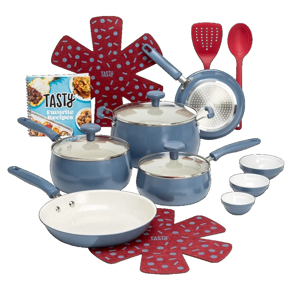 

Clean Ceramic 16 Piece Non-Stick Aluminum Cookware Set, Slate Blue