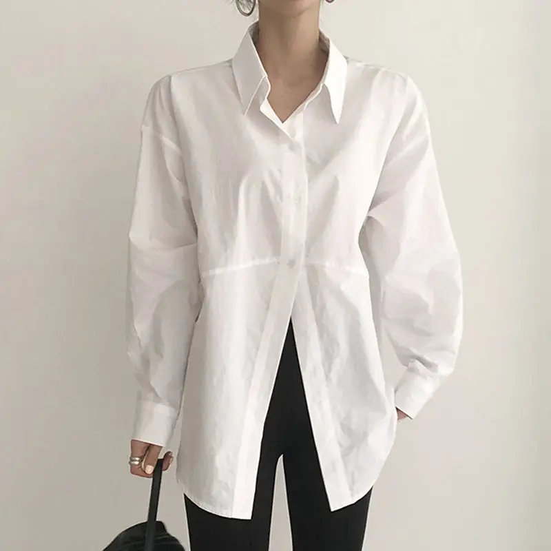 

Korean Chic Autumn Minority Simple Lapel Irregular Single-Breasted Loose Solid Color Puff Sleeve Shirt Top for Women