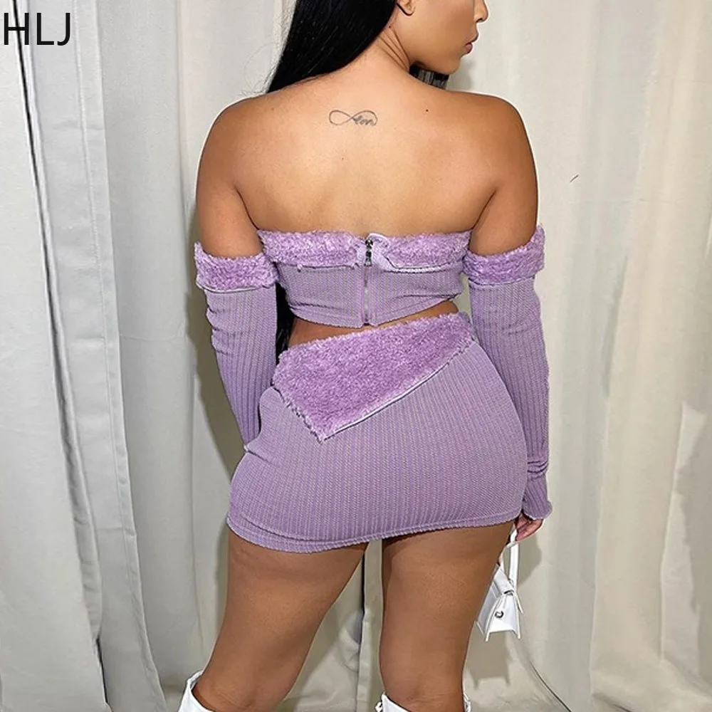 HLJ Purple Sexy Fur Patchwork Mini Skirts Two Piece Sets Women Long Sleeve Off Shoulder Crop Top+Skirts Outfits Fashion Clothing