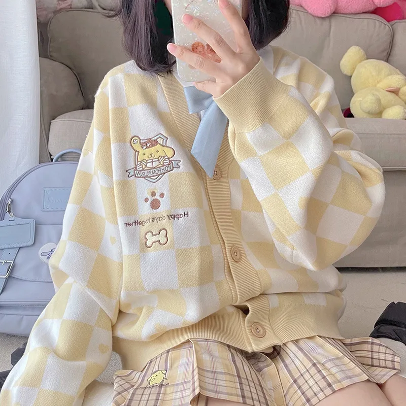 Kawaii Sanrio Checker Knitted Sweater Women Kuromi Cinnamoroll Cardigan Early Autumn Winter Loose Sweater Blouse Girl Wear