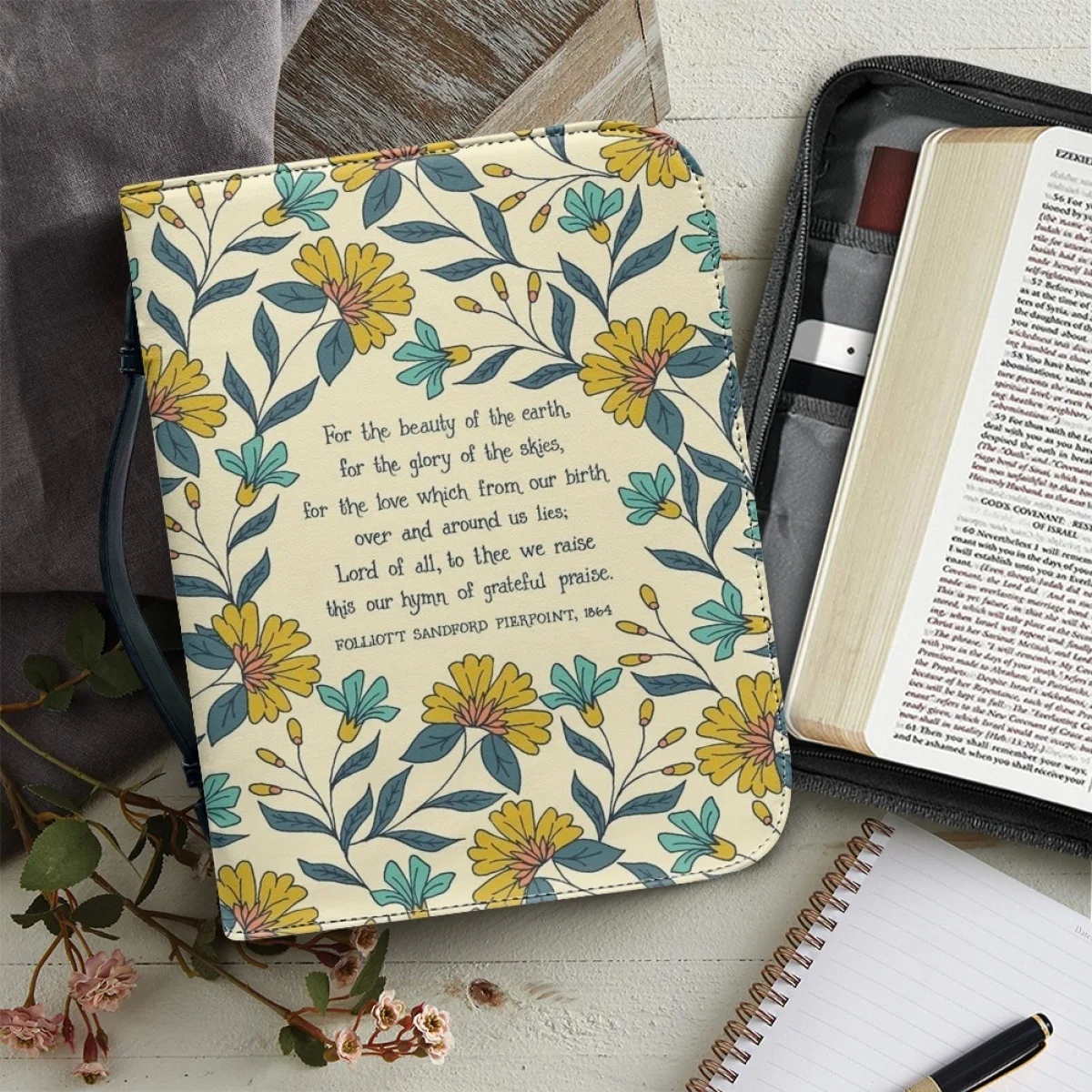 

FORUDESIGNS Leather Bible Cover Case for Women Sunflower Scripture Print Zippered Handle Handbags Bible Church Prayer Bible