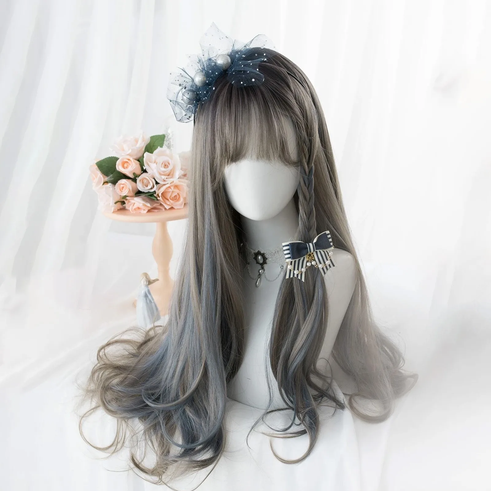 

Lolita Wigs With Bangs Harajuku Gradient Ash Long Deep Wave Hair Synthetic Wig For Women Fashion Thick Curls Wigs Girl