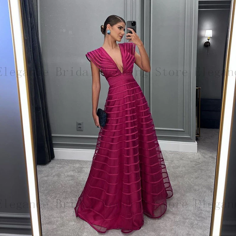 

Vintage V-Neck Evening Dresses for Women Elegant Classy Floor Length Flutter Sleeves Tulle Party Dress A-Line فساتين للحفلات ال