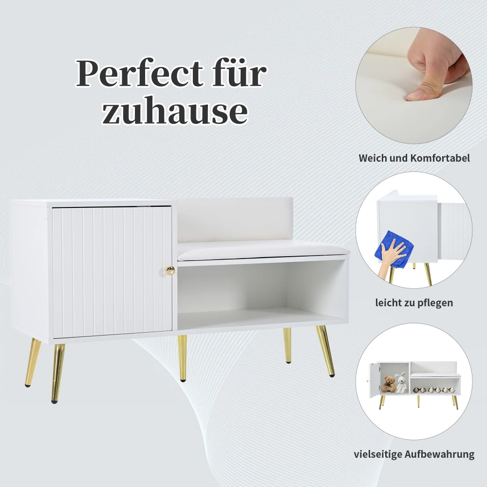 Moderne Schuhstütze in Weiß mit Stauraum, gepolstertem Sitz und Schuhregal mit Rückenlehne und Metallgriffen. Abmessungen: 100 x 40 x 58 cm – Detail 13
