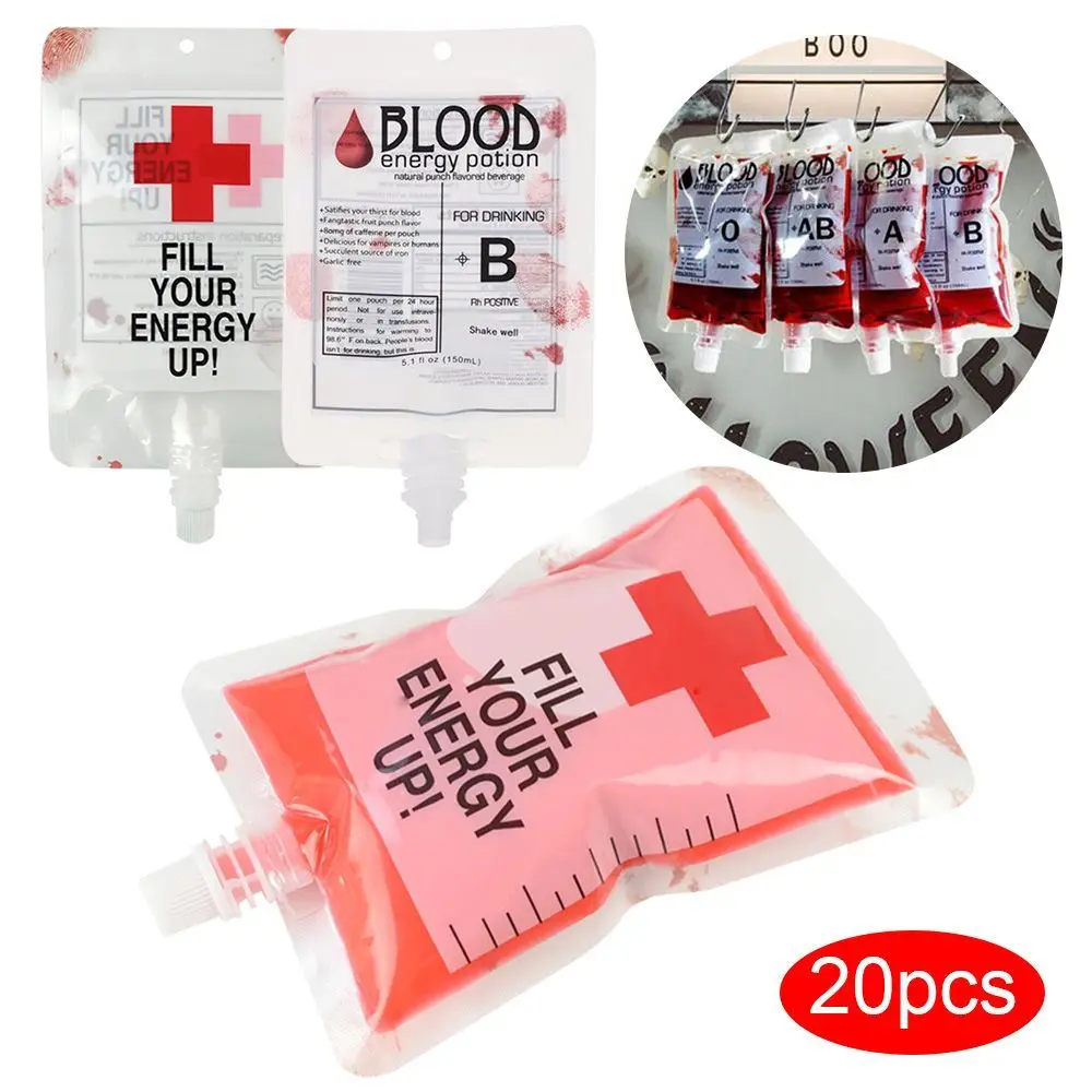 

250ml PVC 20Pcs Halloween Blood Bag Food Grade Drink Bag For Haloween Party Horror Props Cosplay Vampire Blood Pouch Energy Pack