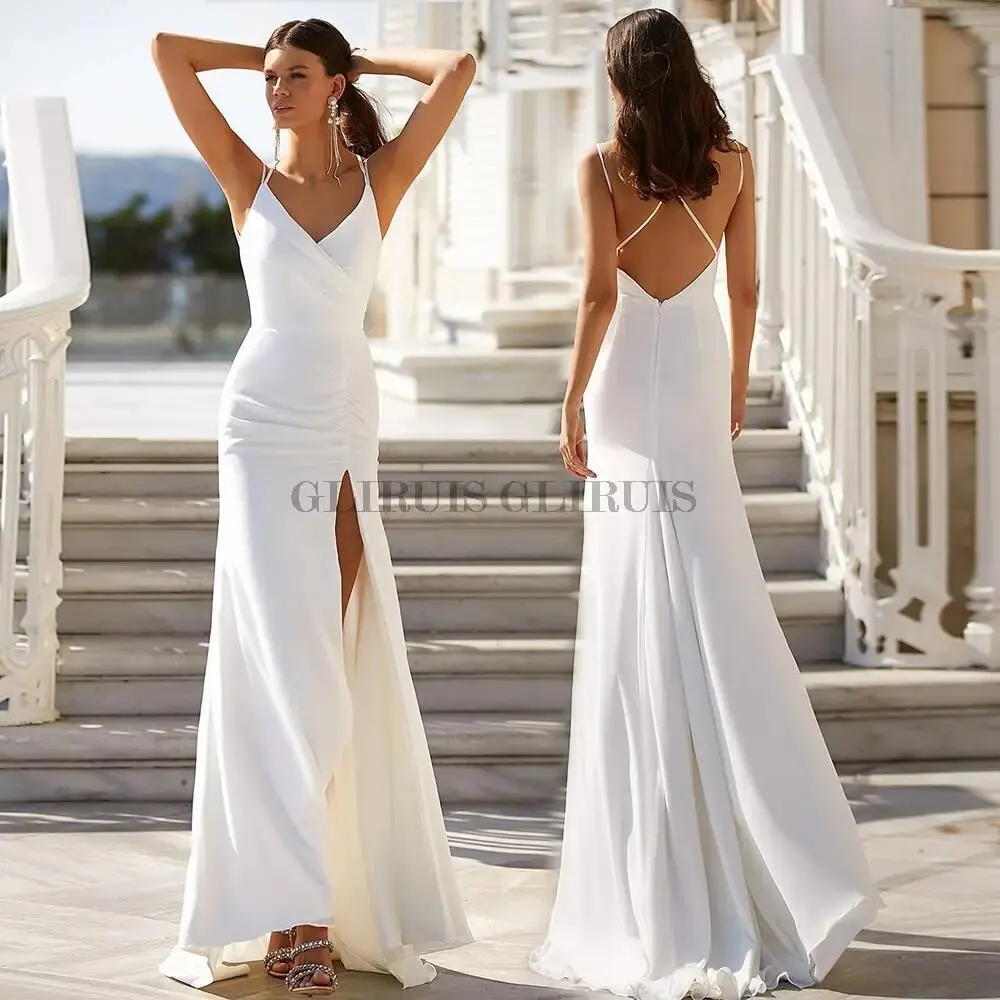 

Женское свадебное платье It's yiiya, Белое мягкое атласное платье до пола на бретельках с V-образным вырезом и открытой спиной на лето 2019